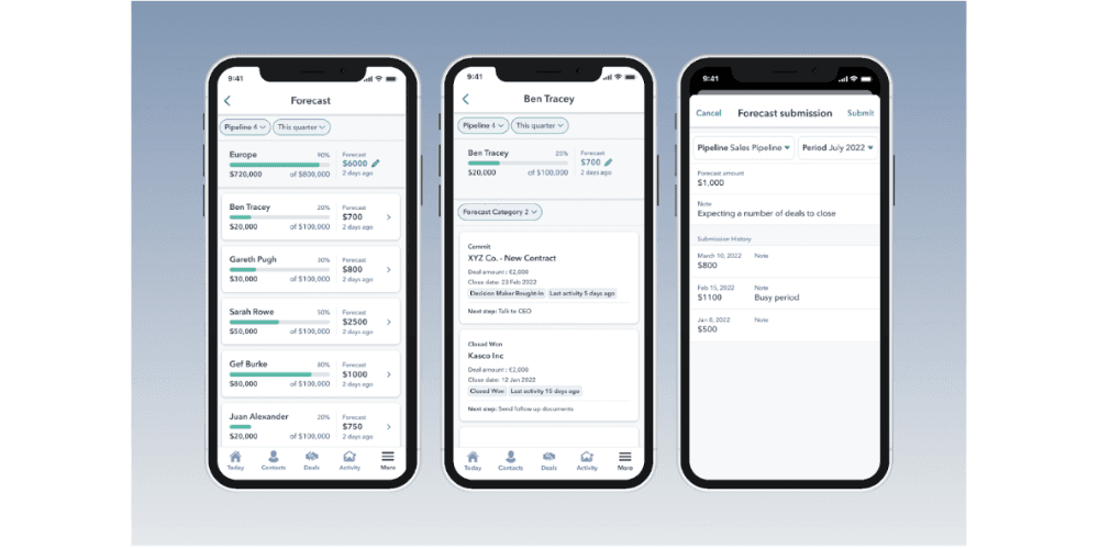 Render of HubSpot's mobile app across 3 screens