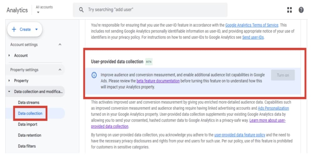 User-provided data collection definition in Google Analytics