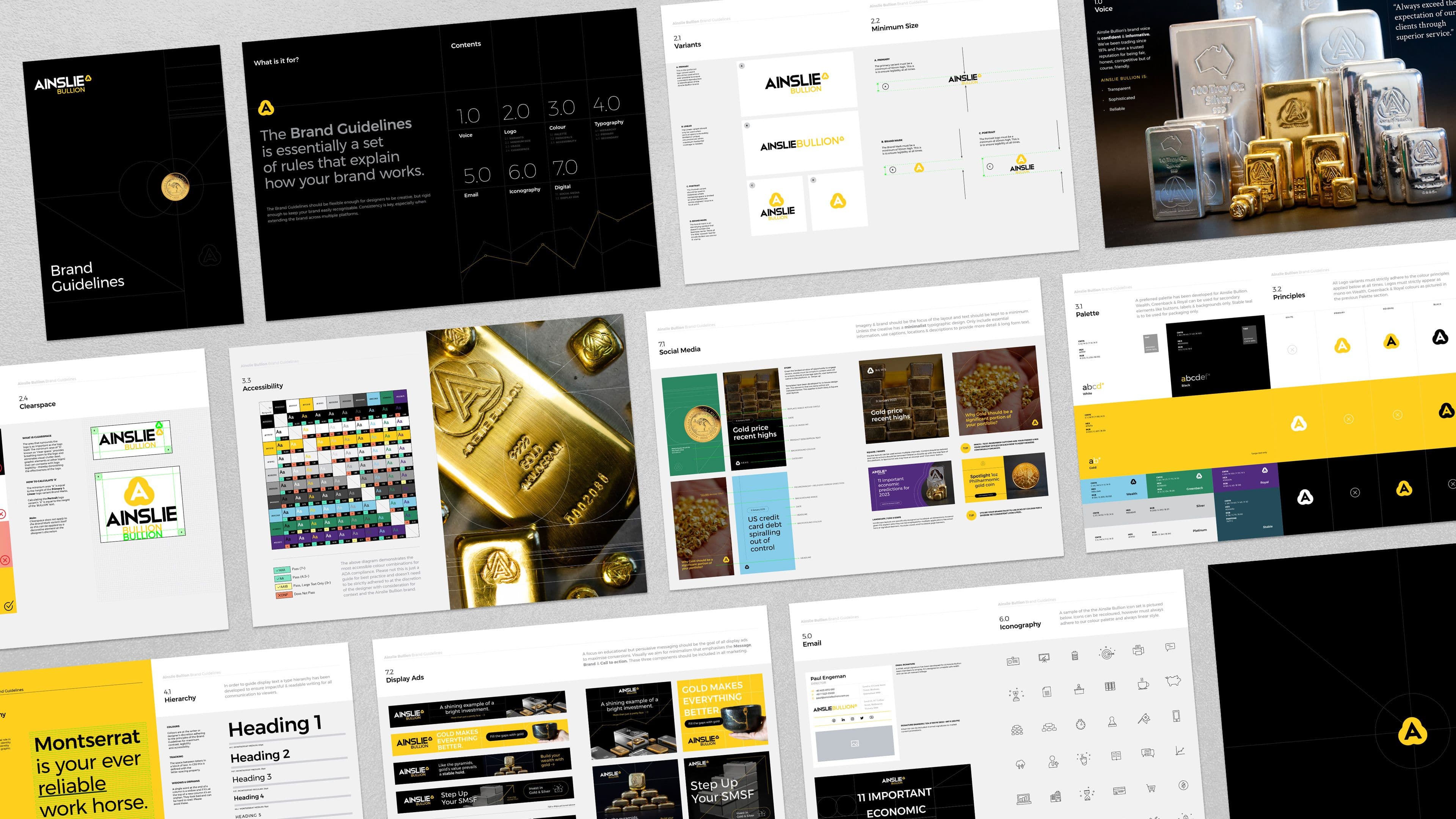 Flat lay view of Ainslie Bullion brand guidelines document