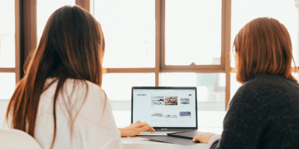Two women viewing business website