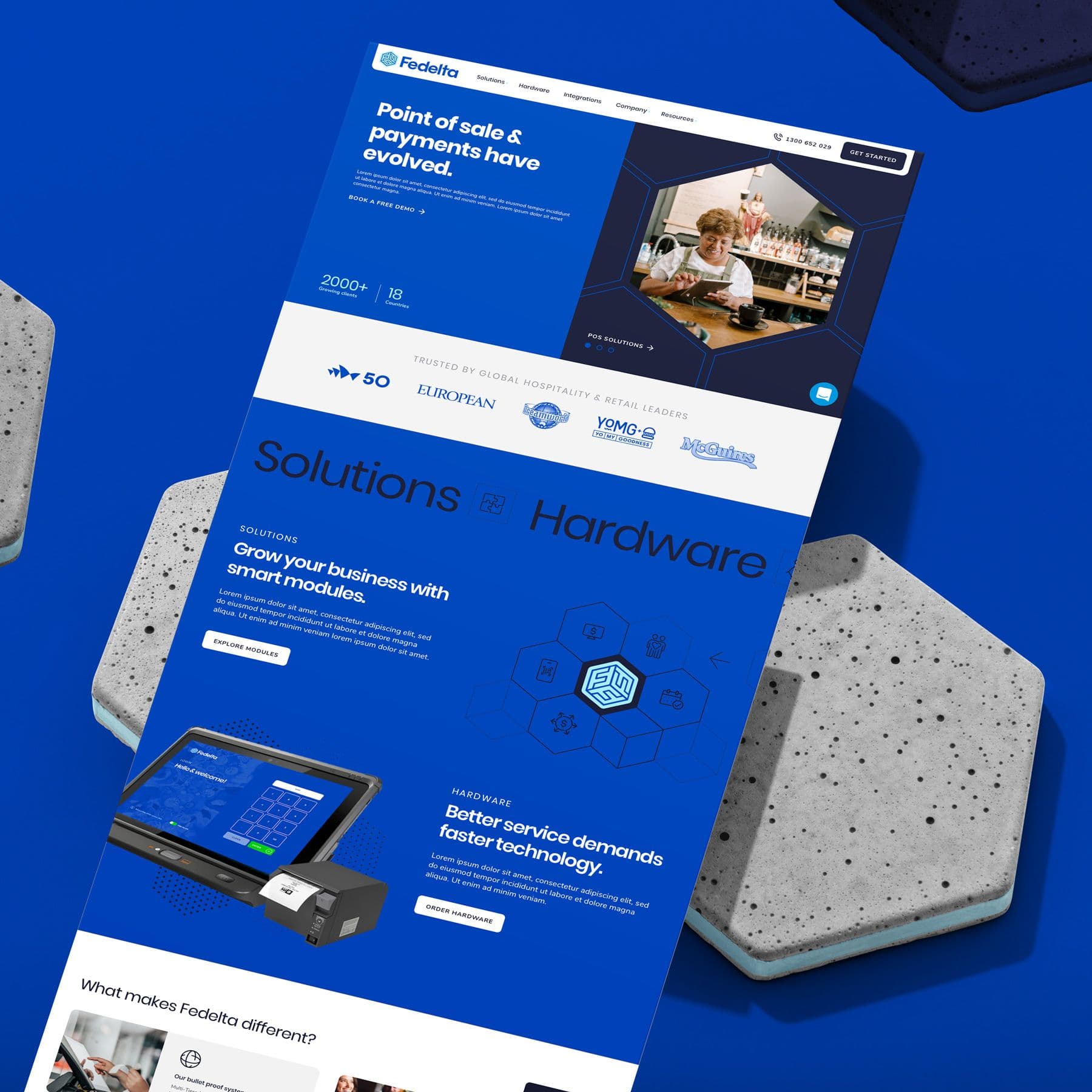 Fedelta POS website mockup hovering over brand coloured hexagon coasters