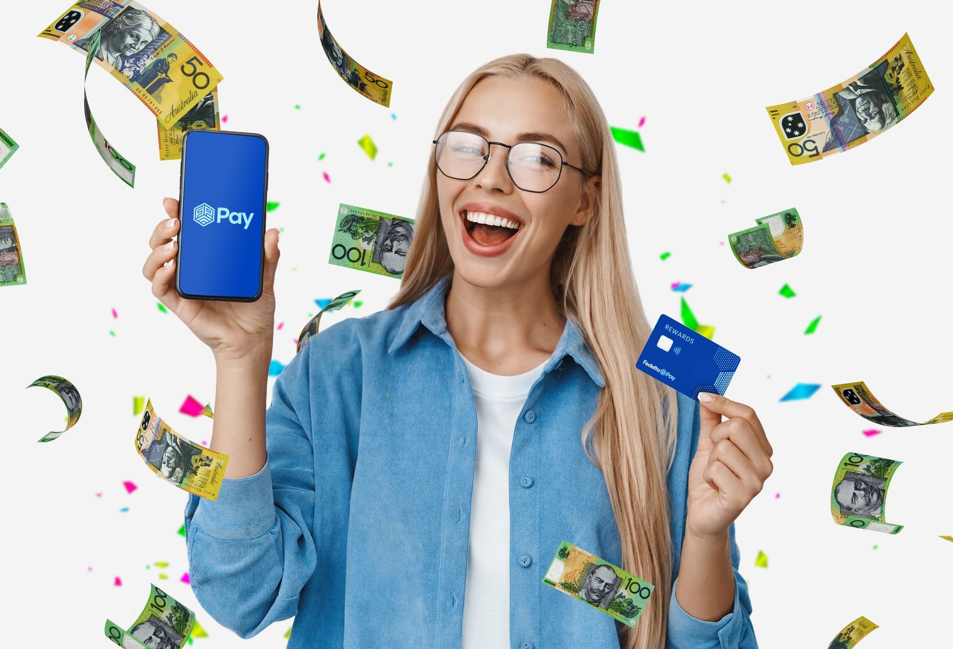 Happy woman holding up and app and payment card surrounded by a confetti of money notes