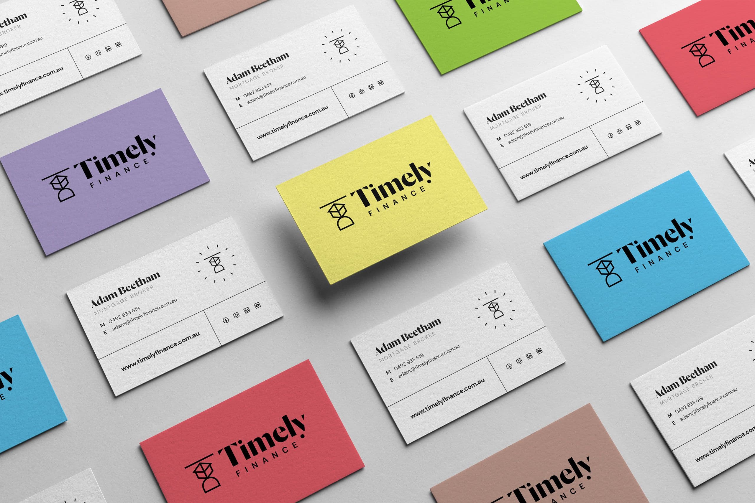 Grid layout of Timely Finance Business Cards front and back