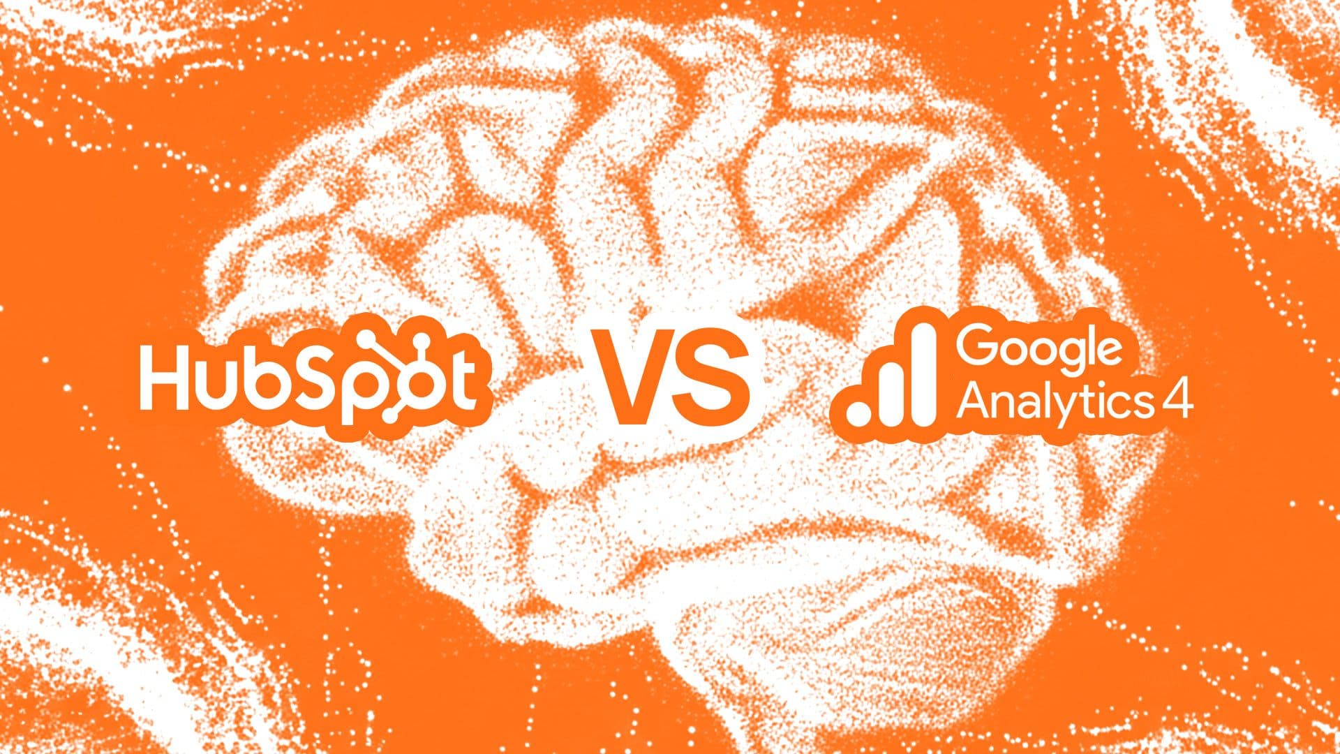 Hubspot vs Google Analytics 4 logos with a particle brain background