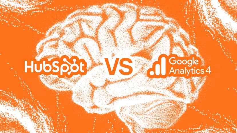 Hubspot vs Google Analytics 4 logos with a particle brain background