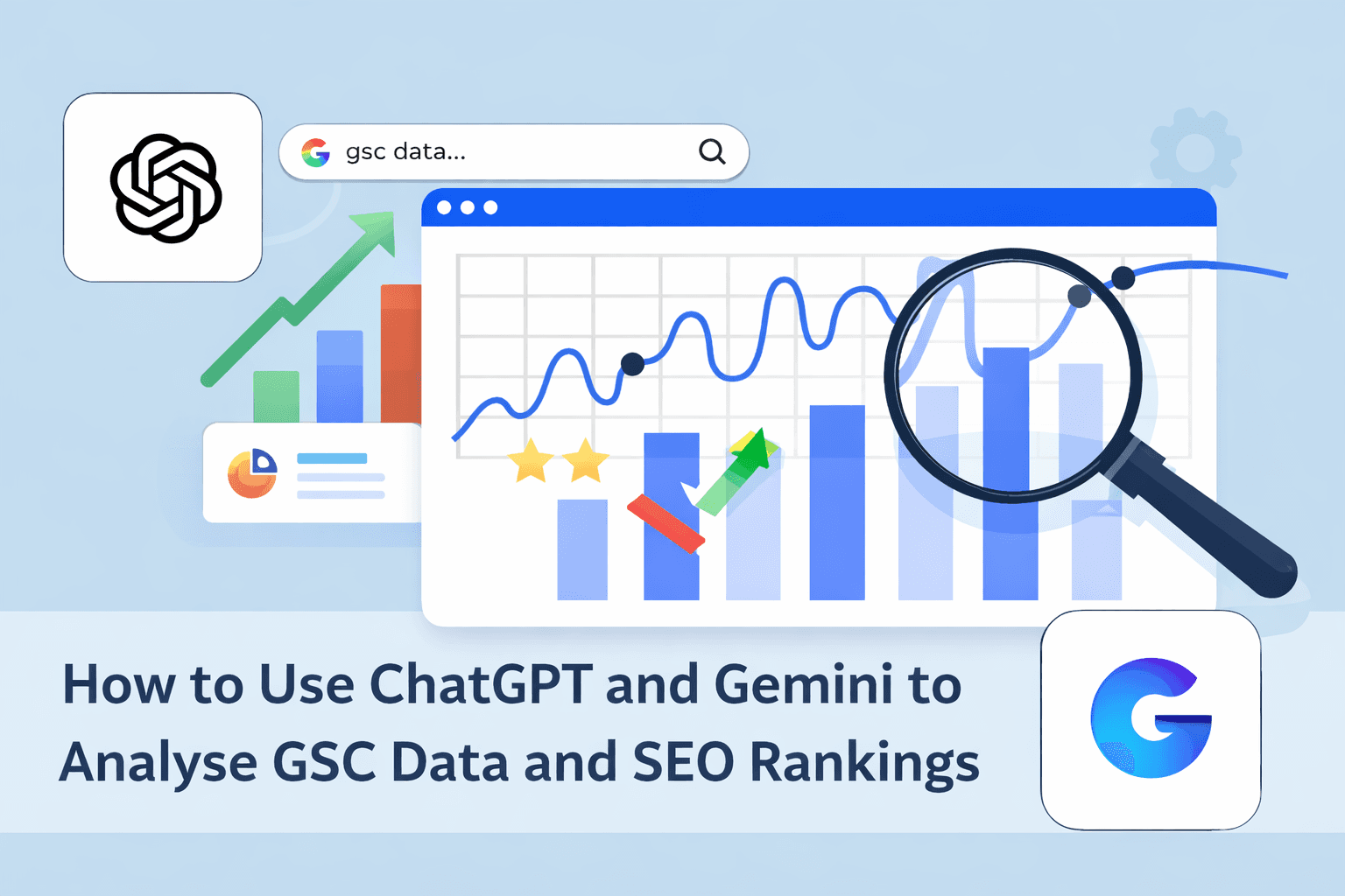 ChatGPT and Gemini interfaces alongside a Google Search Console performance chart