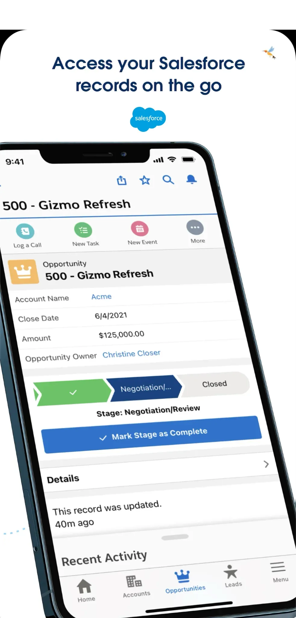 The Salesforce mobile app showing an opportunity record