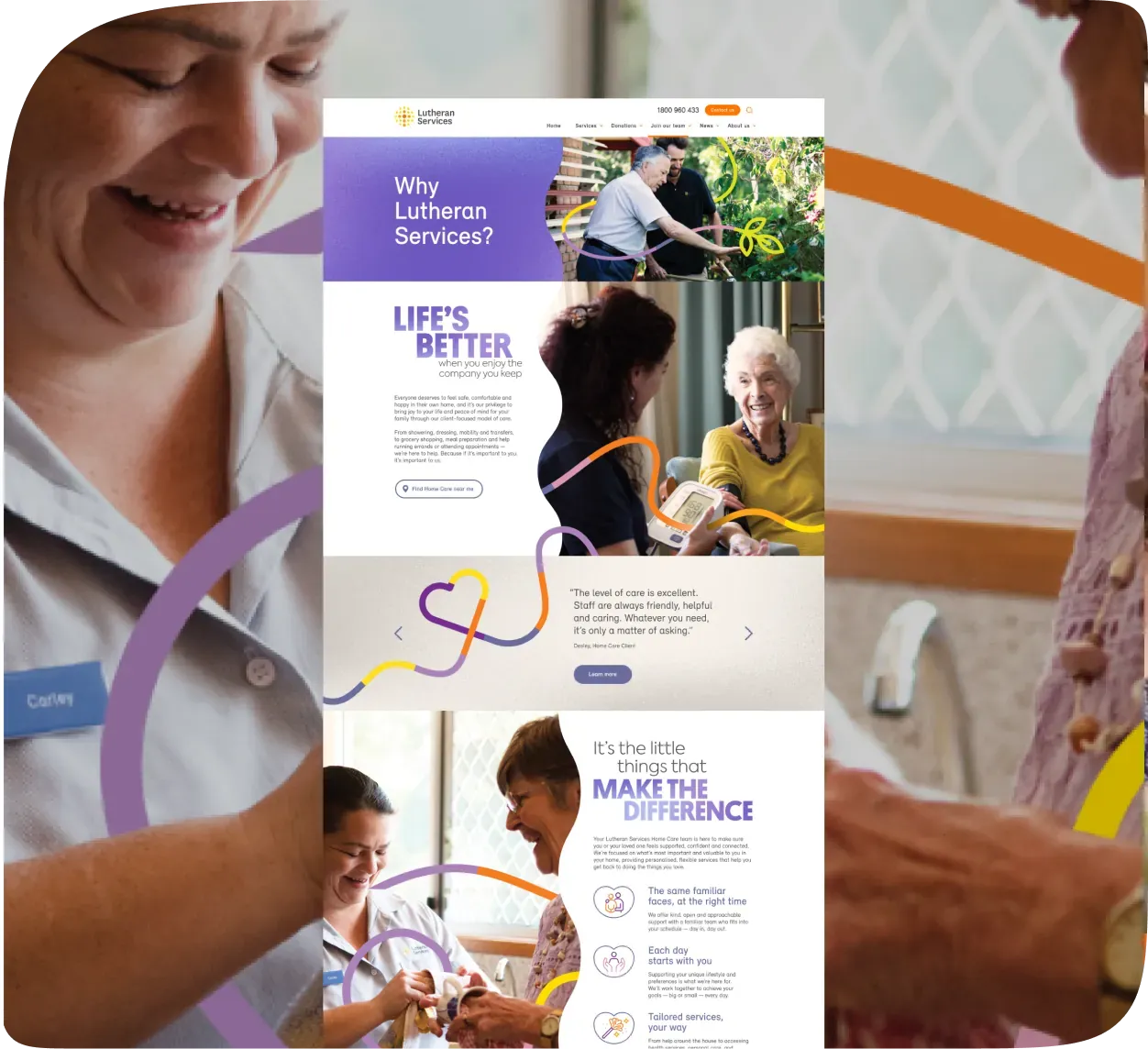 Lutheran Services web pages over a photo of a carer