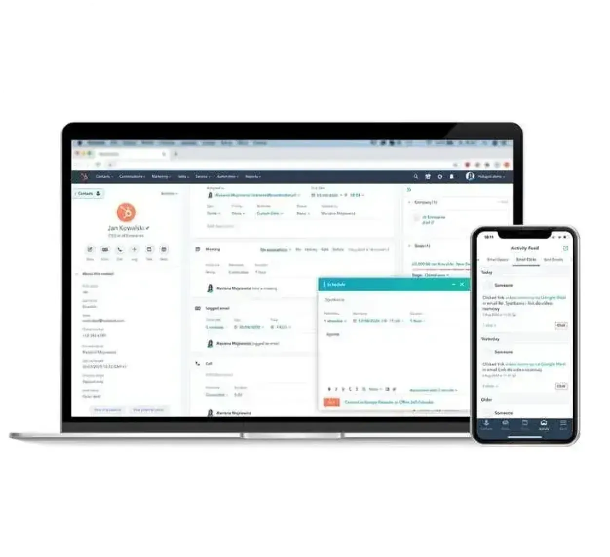 A CRM contact record on a laptop and a phone