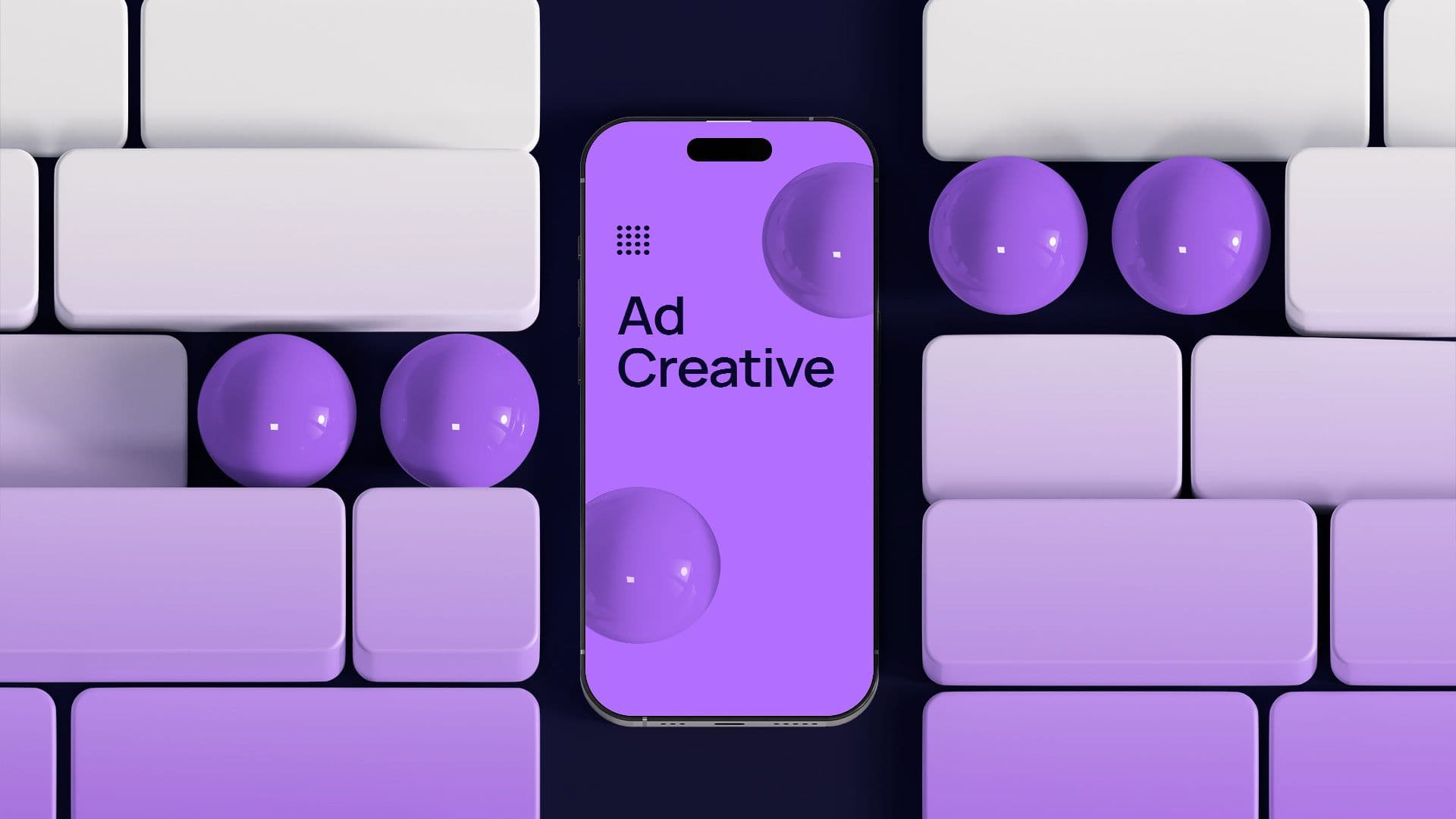 BFJ Brand Ad Creative service on iPhone laying between white bricks and purple balls