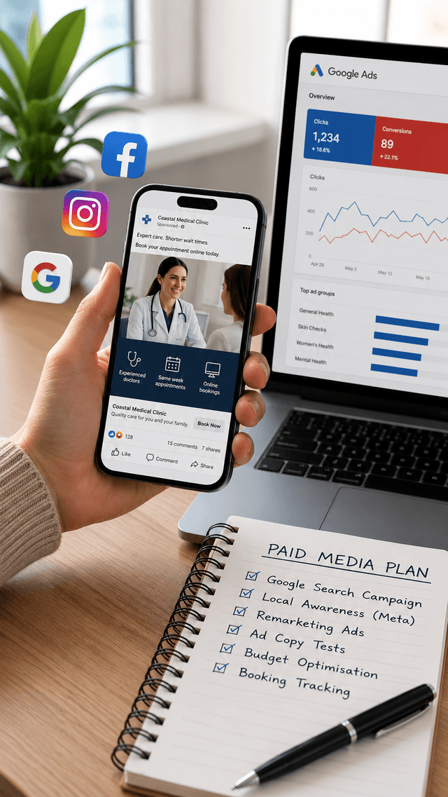 Medical paid search and social media campaign on a laptop and smartphone.