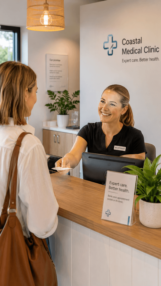Receptionist welcoming a patient at a modern Australian medical clinic reception.
