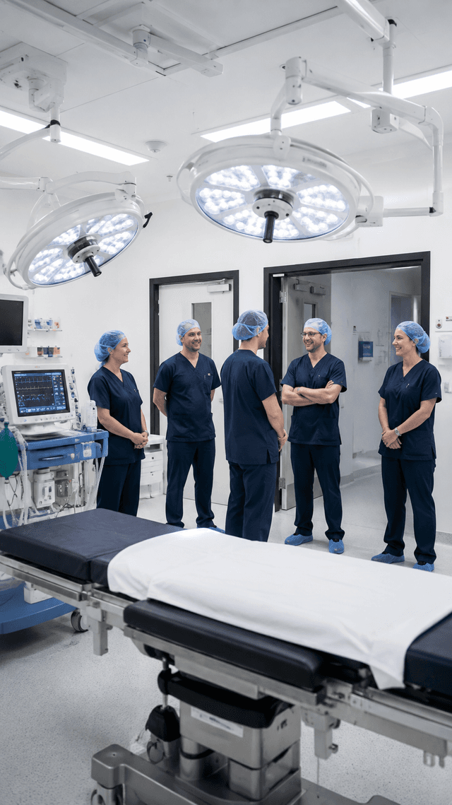 Healthcare team in a modern operating theatre preparing for a surgical procedure.