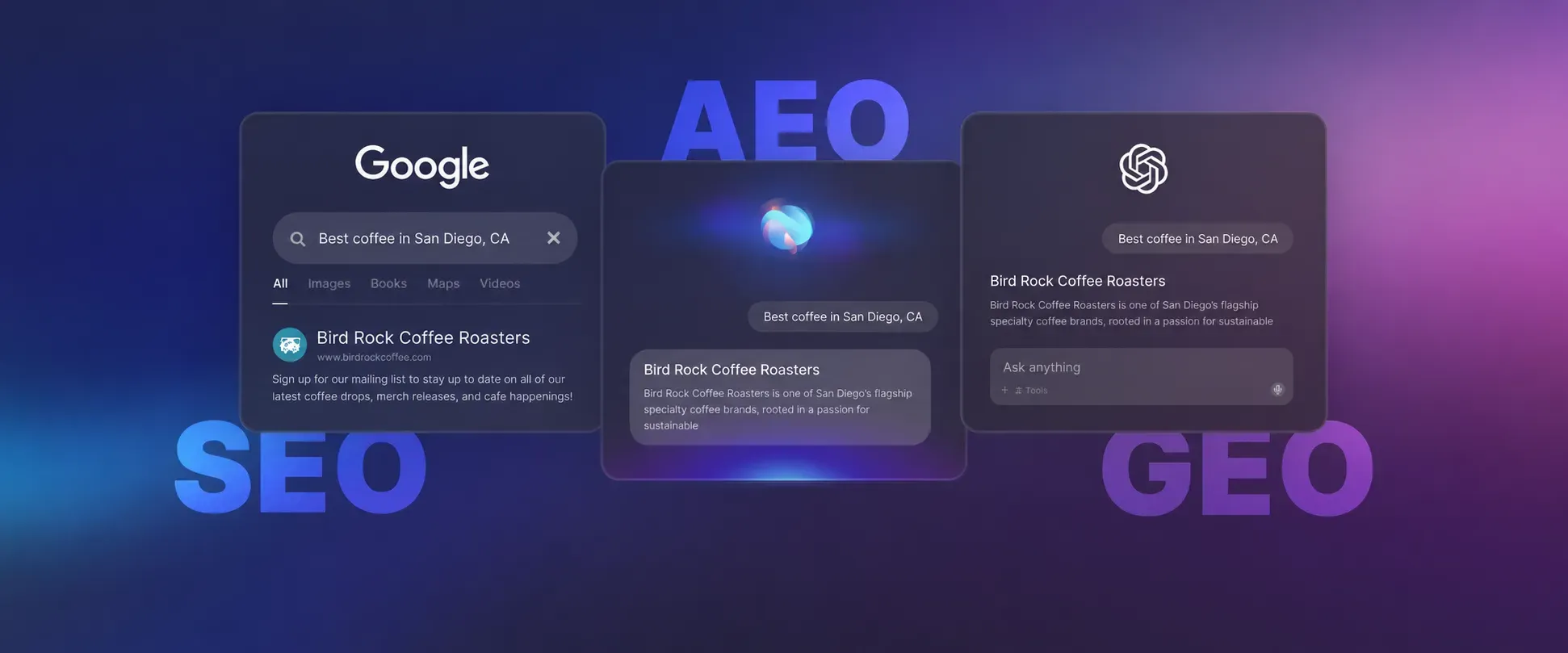 SEO, AEO, and GEO search experiences with modern search and AI interfaces
