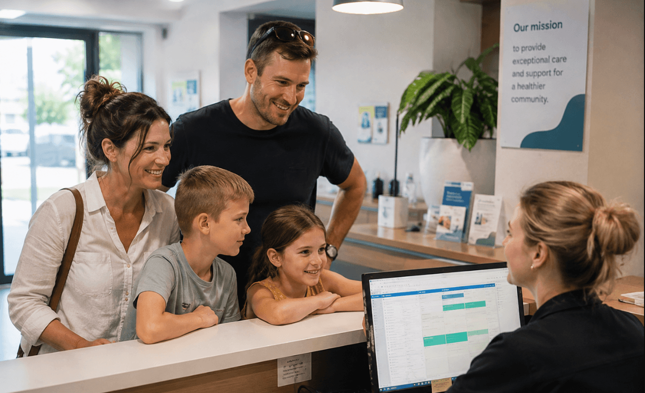 A family with two children talking to a receptionist at a medical clinic reception desk