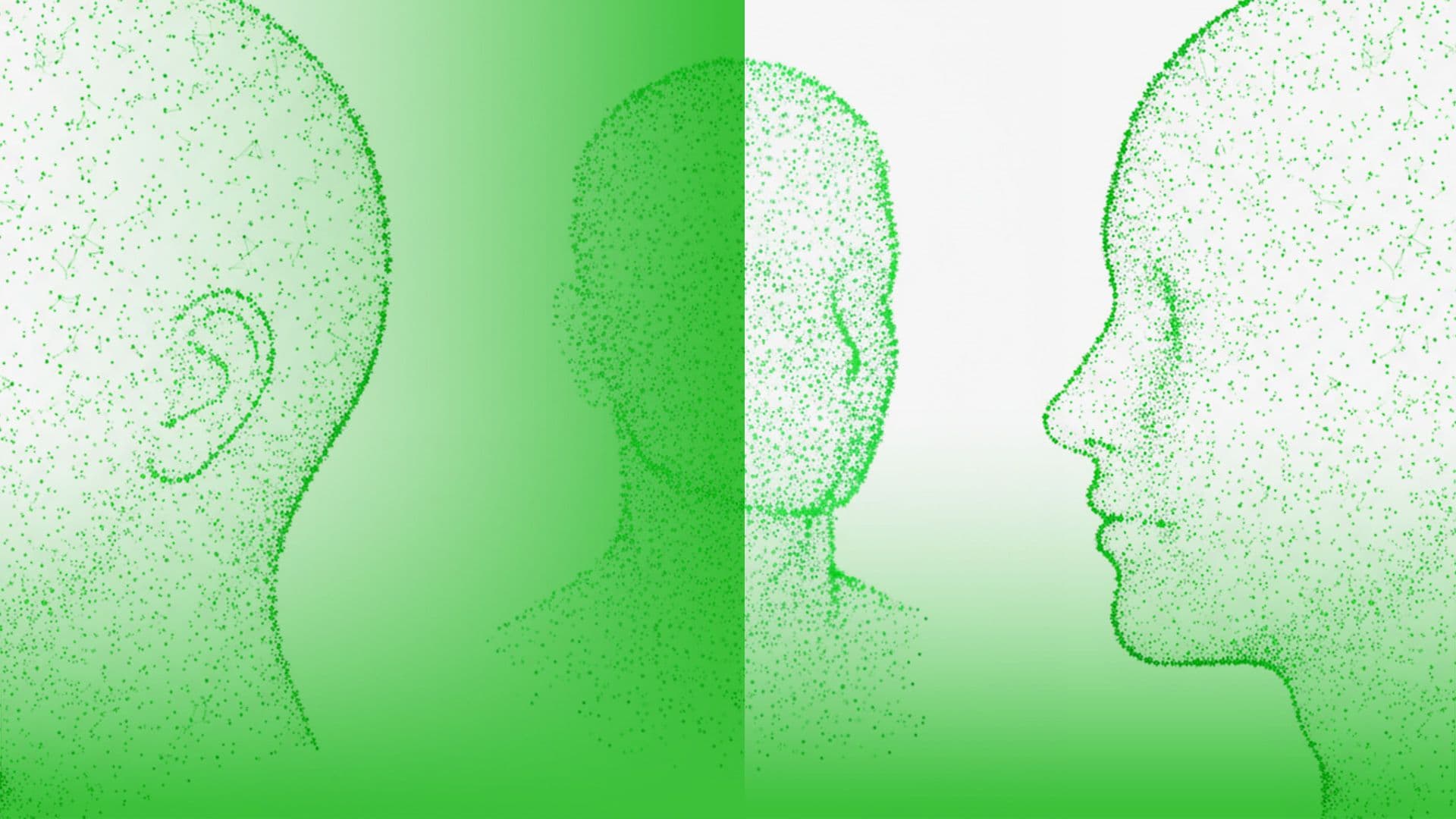 Particle generated ai avatars being overlayed by a green scanner