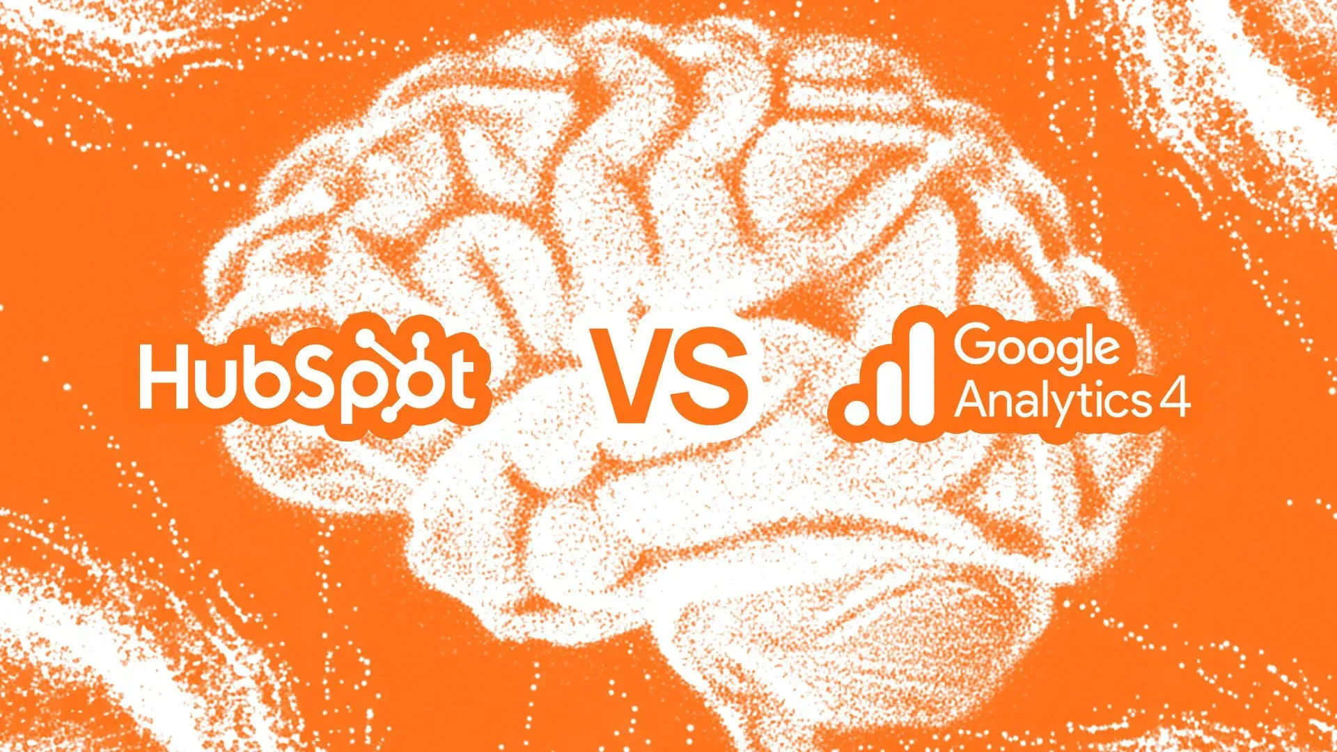 Hubspot vs Google Analytics 4 logos with a particle brain background