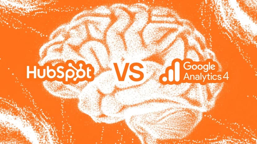 Hubspot vs Google Analytics 4 logos with a particle brain background