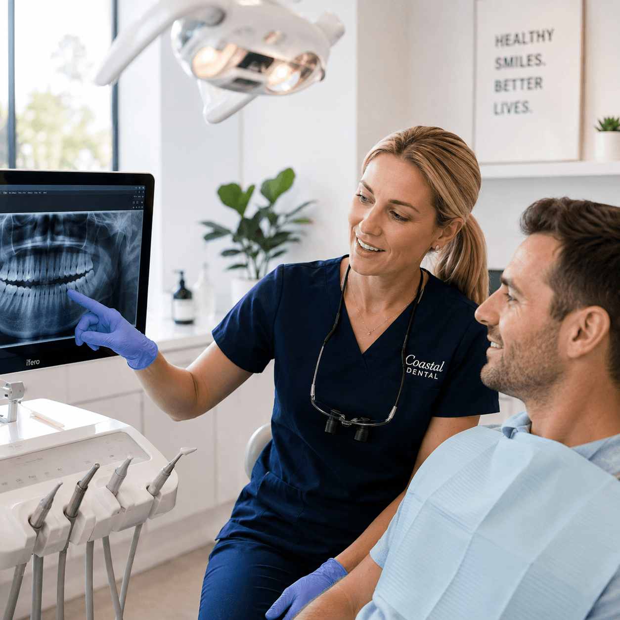 Dentist discussing a dental X-ray with a patient.