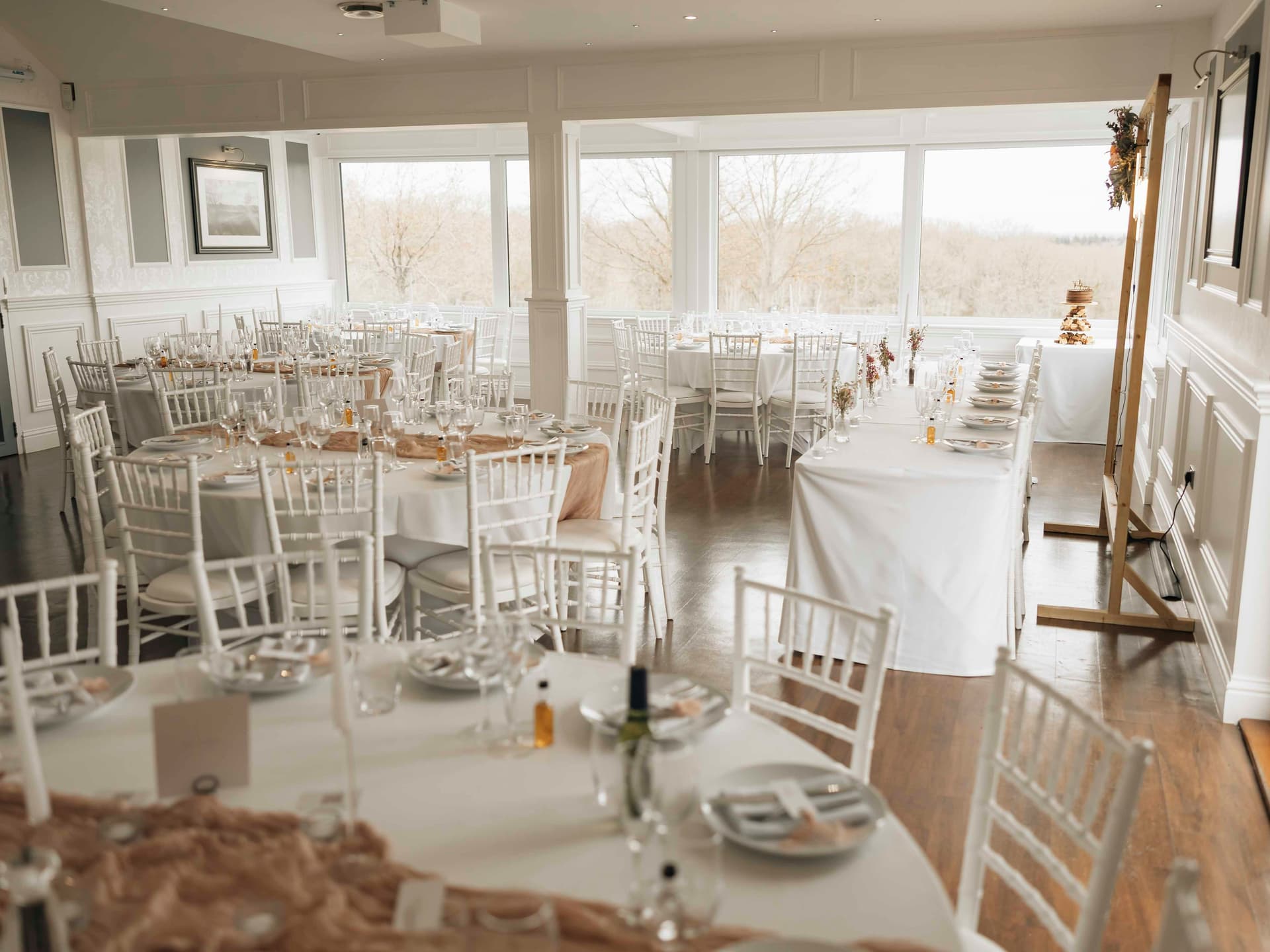 event space dressed for a wedding reception