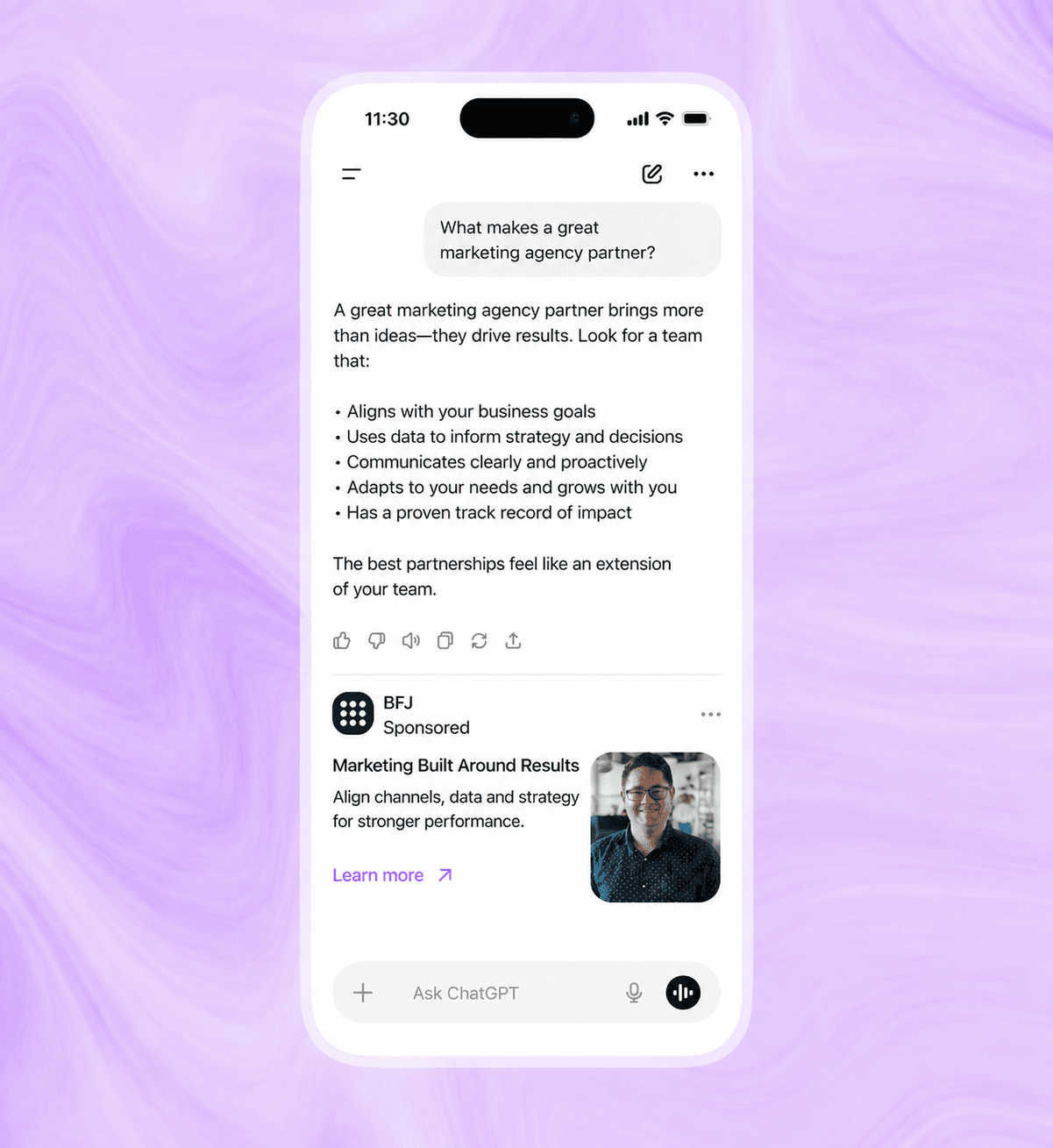 Mockup of a ChatGPT ad in the platform